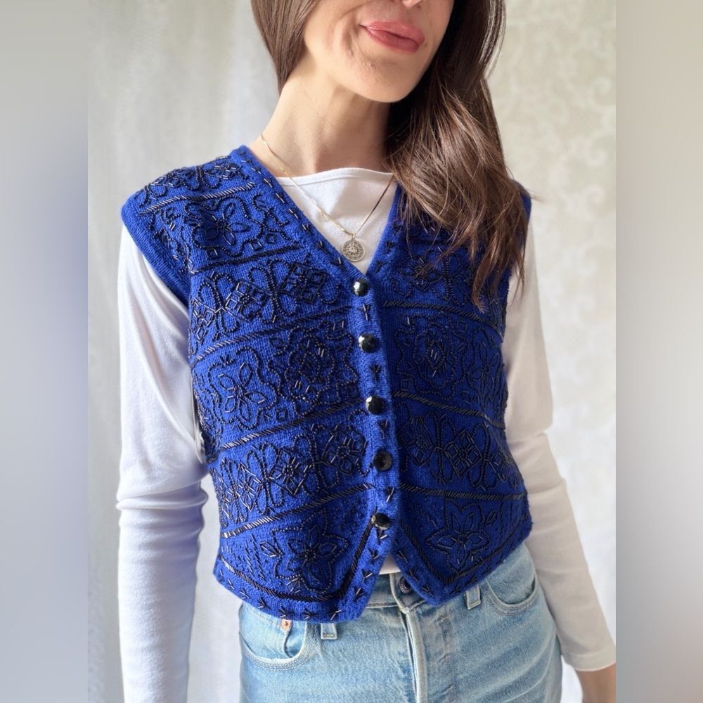 Y2K Cobalt Blue Beaded Sweater Vest Worthington Knit Button Front